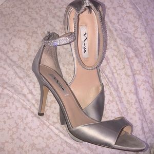 Nina Silver Satin Dress Sandals w/ Bling Straps
